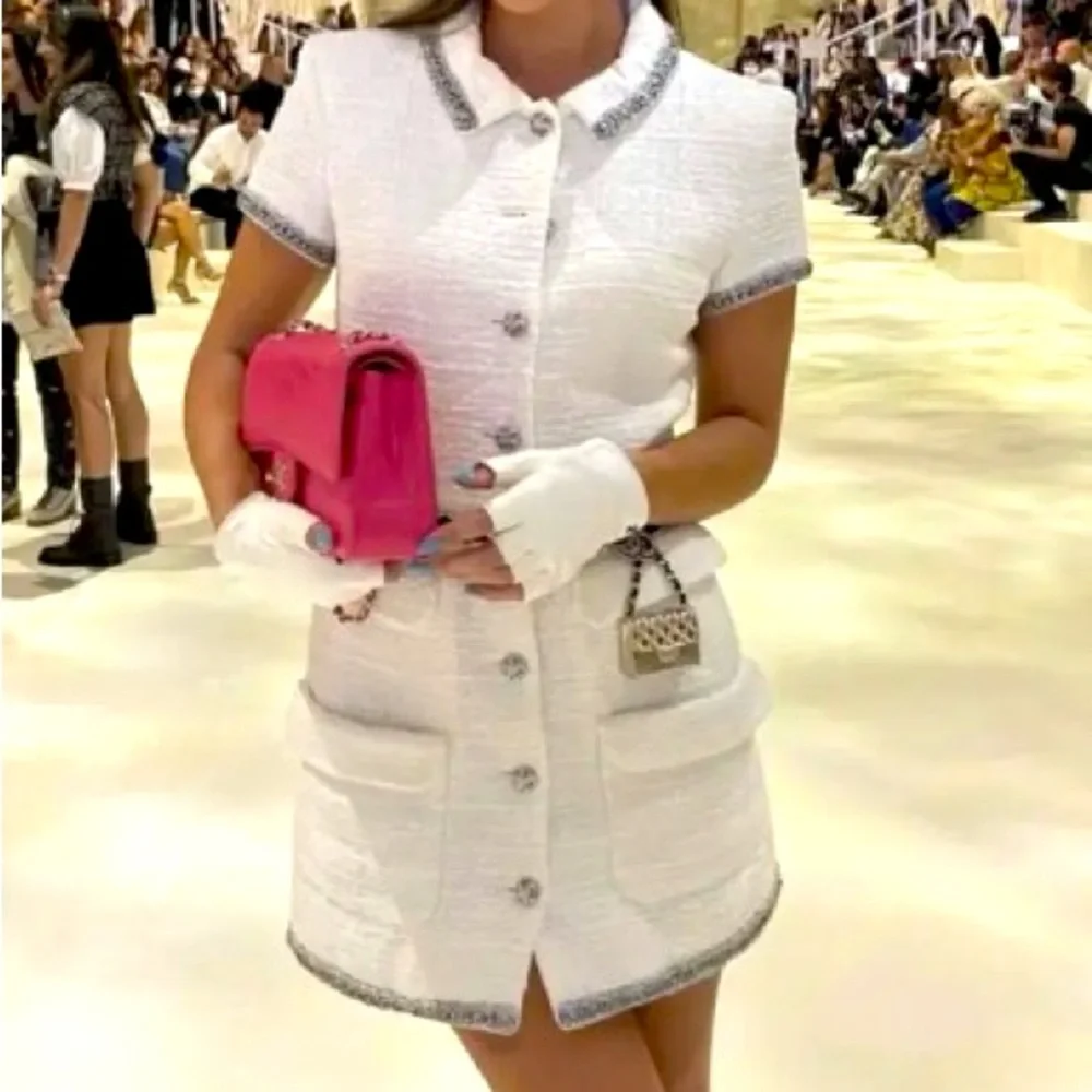 chanel tweed dress white NWT 20K Sleeveless Pearl & Crystal Shoulder D – Chic Selects of Palm Beach Available for in store pick up. Chanel Tweed Dress, FR36 -